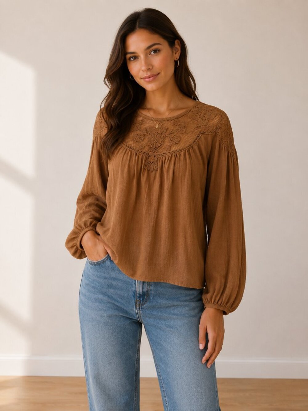A.N.A. Elegant Camel Brown Lace Detail Top Women's Size Small